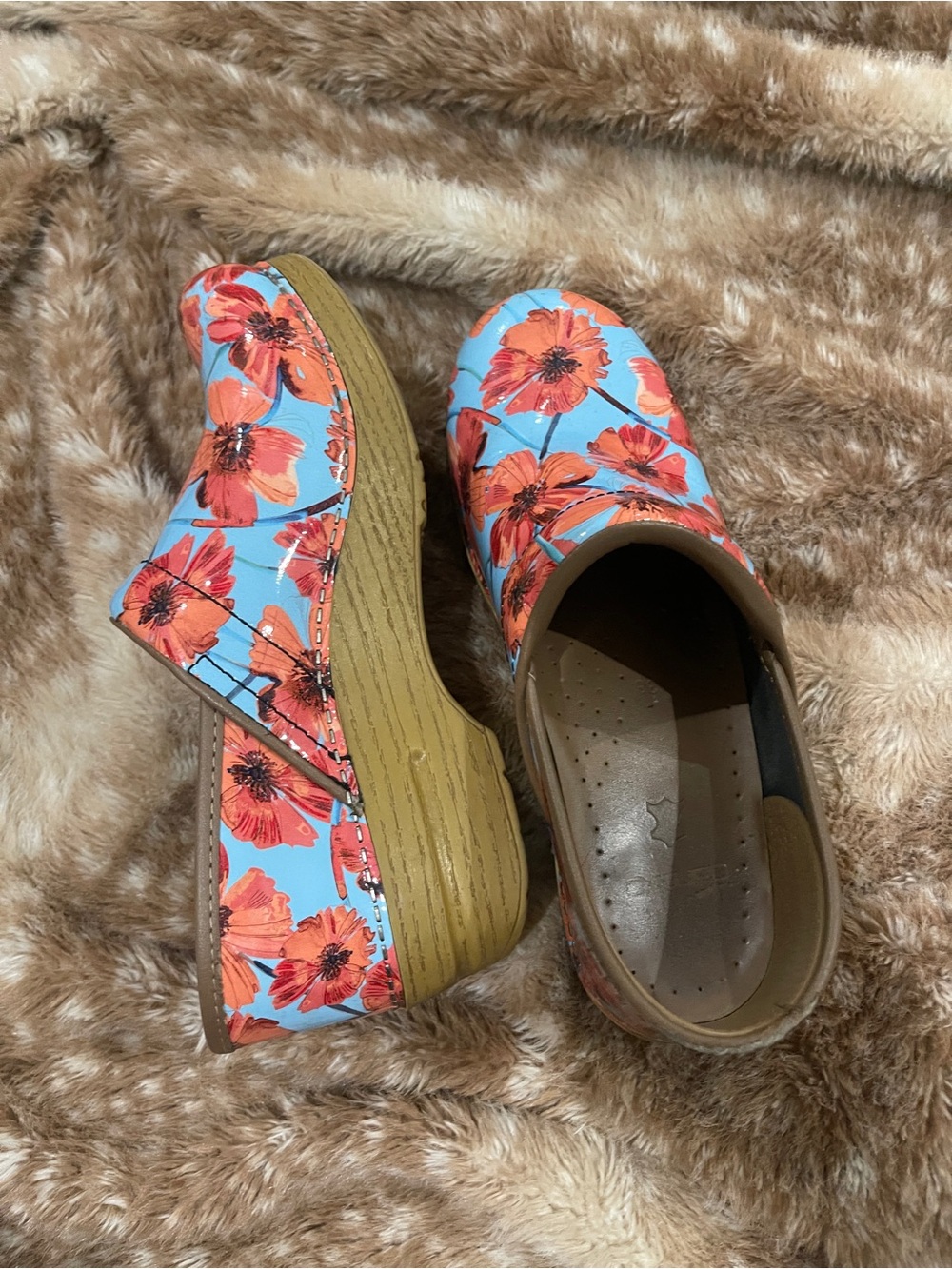 Dansko Floral Slip-On Clogs in Blue and Orange - Picture 2 of 3